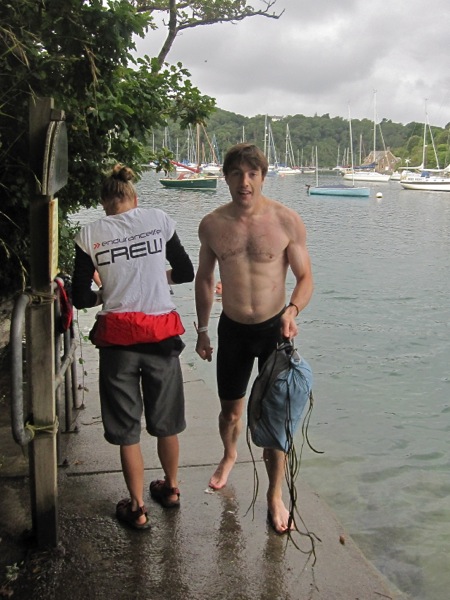 Exiting the water after the swim